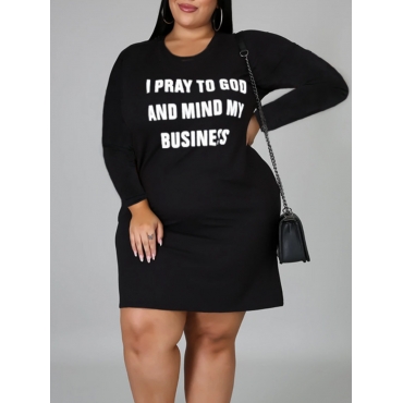 

Lovely Plus Size Casual Round Neck Letter Print Black Mini Dress