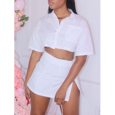 

LW Casual Turndown Collar Slit White Two Piece Skirt Set