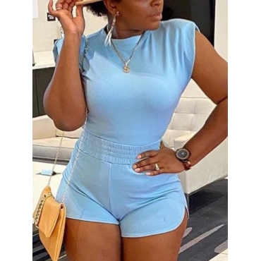 

Lovely Casual Round Neck High-waisted Baby Blue Two Piece Shorts Set