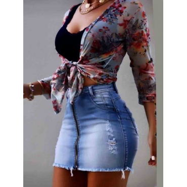 

Lovely Casual Ripped Zipper Design Baby Blue Mini Denim Skirt