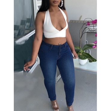 

LW Plus Size Street High-waist Bandage Design Deep Blue Jeans