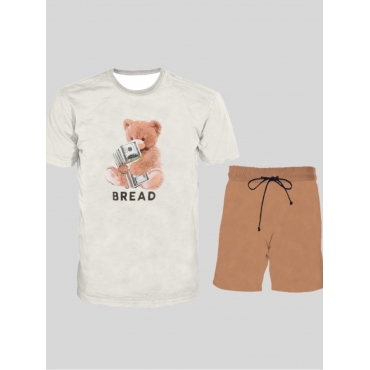 

LW Men Casual Cartoon Letter Print White Two Piece Shorts Set