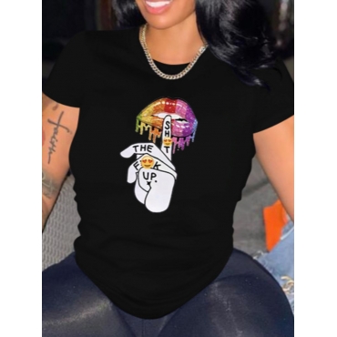 

Lovely Casual Round Neck Lip Finger Print Black T-shirt