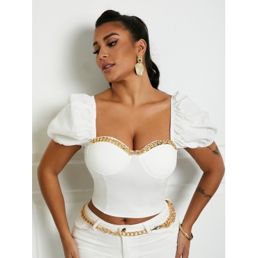 

Lovely Sweet Ruffle Design Chain Decoration White T-shirt