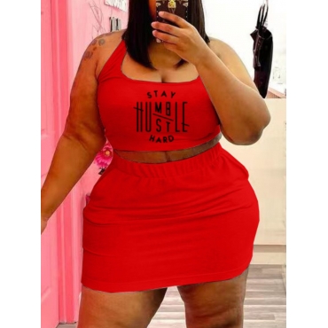 

LW Plus Size Casual U Neck Letter Print Red Two-piece Shorts Set