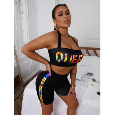 

LW BASICS Casual Letter Print Skinny Black Two Piece Shorts Set