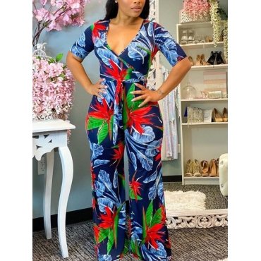 

Lovely Boho V Neck Floral Print Blue One-piece Jumpsuit