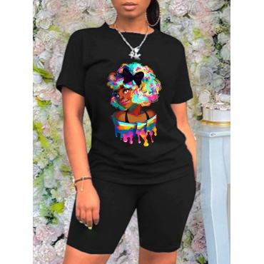 

Lovely Casual O Neck Cartoon Print Black Two Piece Shorts Set