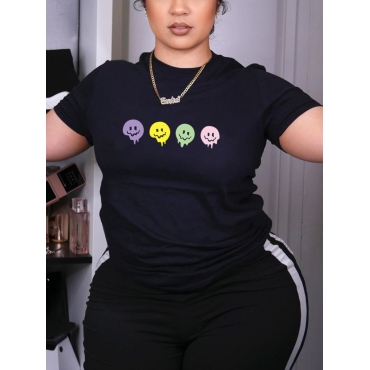 

Lovely Casual Round Neck Smiling Face Print Black T-shirt