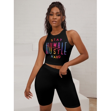 

LW Casual Letter Print Skinny Black Two Piece Shorts Set
