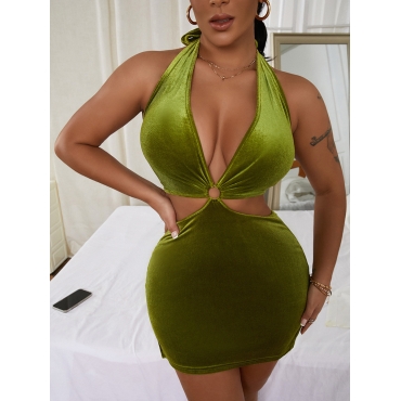 

Lovely Sexy Hollow-out Bandage Design Green Mini Dress