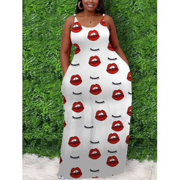 

LW Plus Size Casual U Neck Lip Print White Floor Length Dress