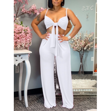 

LW SXY Sweet Bandage Design Wide Leg White Two Piece Pants Set