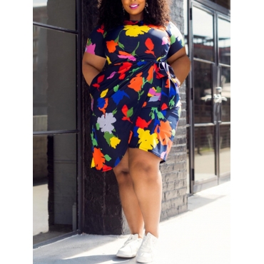 

LW Plus Size Casual Floral Print Asymmetrical Deep Blue Mini Dress