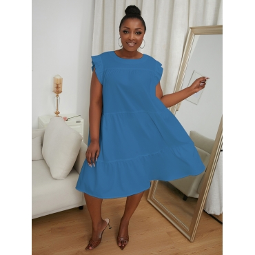 

Lovely Plus Size Sweet Round Neck Flounce Design Blue Knee Length Dress