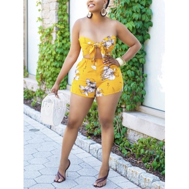 

LW SXY Sweet Floral Print Bandage Design Yellow Two Piece Shorts Set