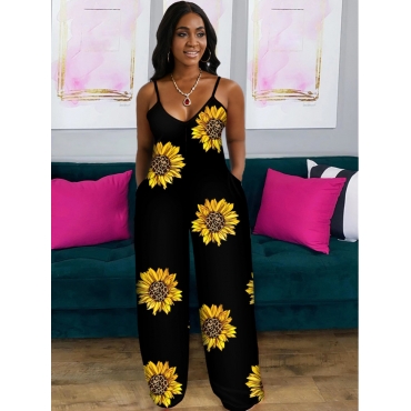 

LW Sunflower Print Wide Leg One-piece Jumpsuit, Black
