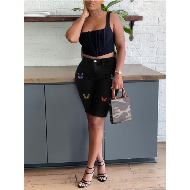 

LW Plus Size Butterfly Print Raw Edge Denim Shorts, Black