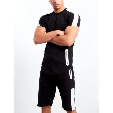 

Lovely Men Striped Zipper Design Two Piece Shorts Set, Black