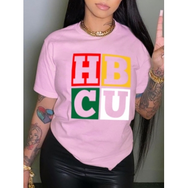 

LW Round Neck Letter Print T-shirt, Pink