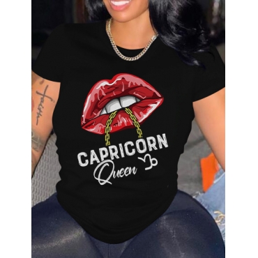 

LW Casual Lip Letter Print Black T-shirt