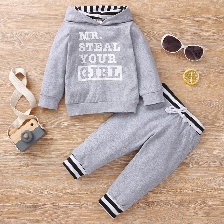 

Lovely Girl Letter Print Striped Drawstring Two Piece Pants Set, Grey