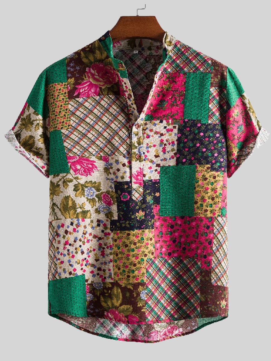 

LW Men Floral Plaid Print Patchwork Shirt, Multi