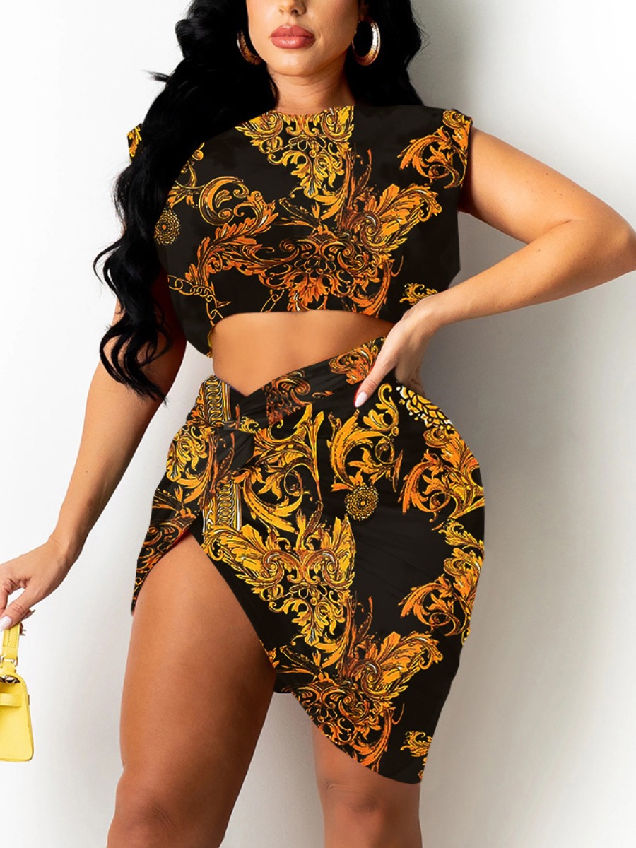 

LW Chain Print Twist Front Two Piece Skirt Set, Black