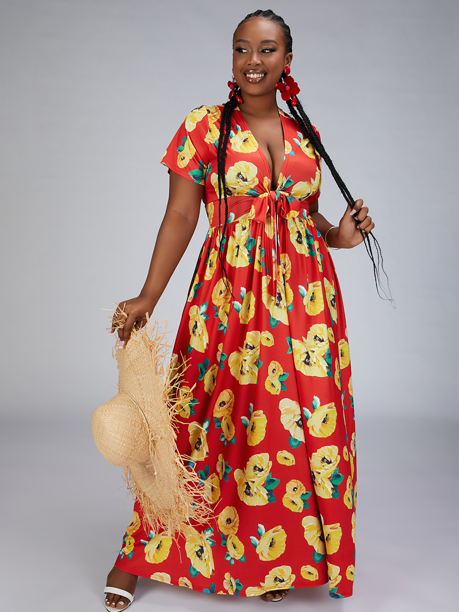 

LW Plus Size Floral Print Bandage A Line Dress, Red