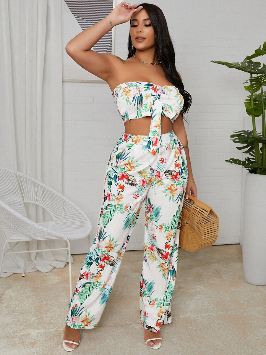 

Lovely Boho Off The Shoulder Floral Print White Two Piece Pants Set