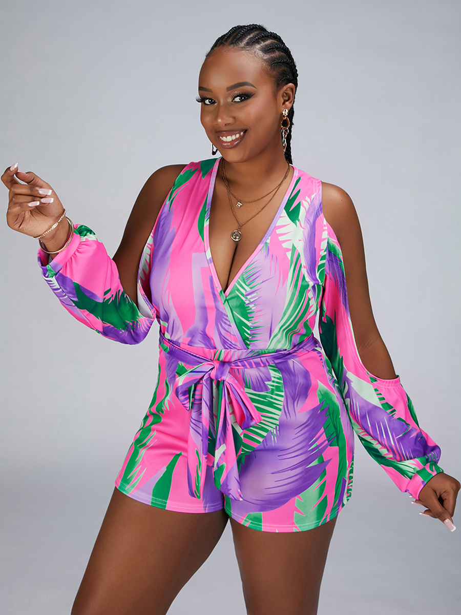 

Lovely Plus Size Mixed Print Split Sleeve One-piece Romper, Pink