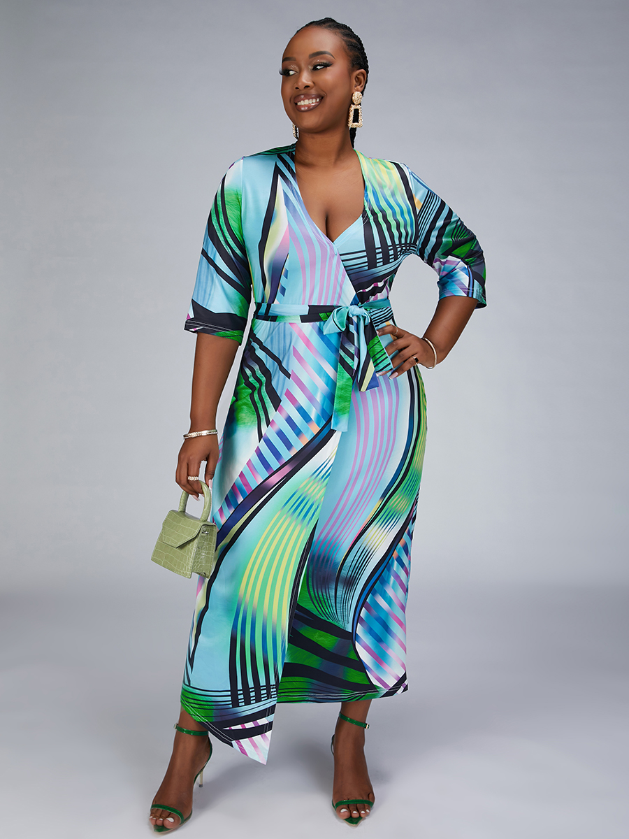 

Lovely Plus Size Geometric Print Wrap Dress, Blue