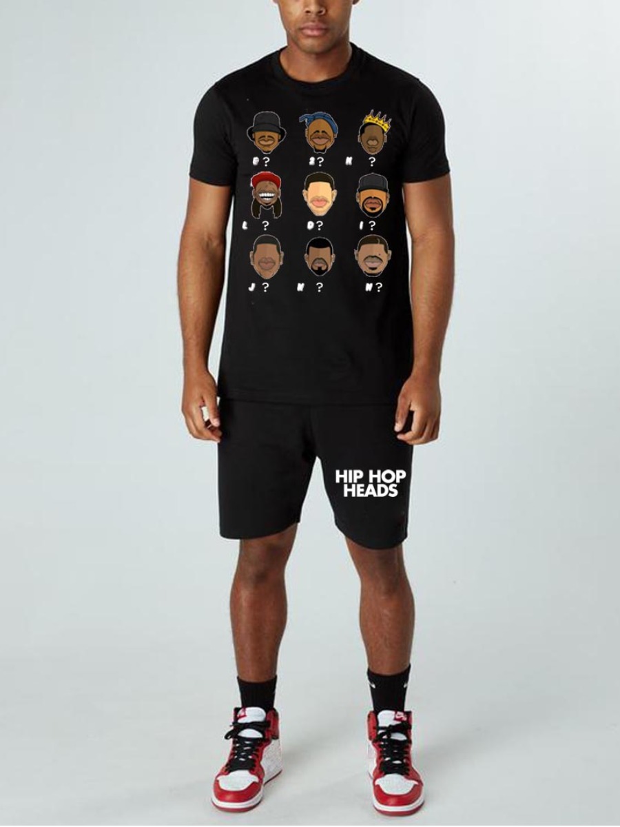 

Lovely Men Figure Letter Print Two Piece Shorts Set, Black
