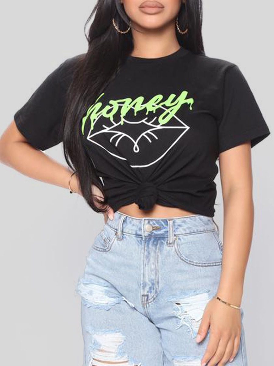 

Lovely Round Neck Letter Print T-shirt, Black