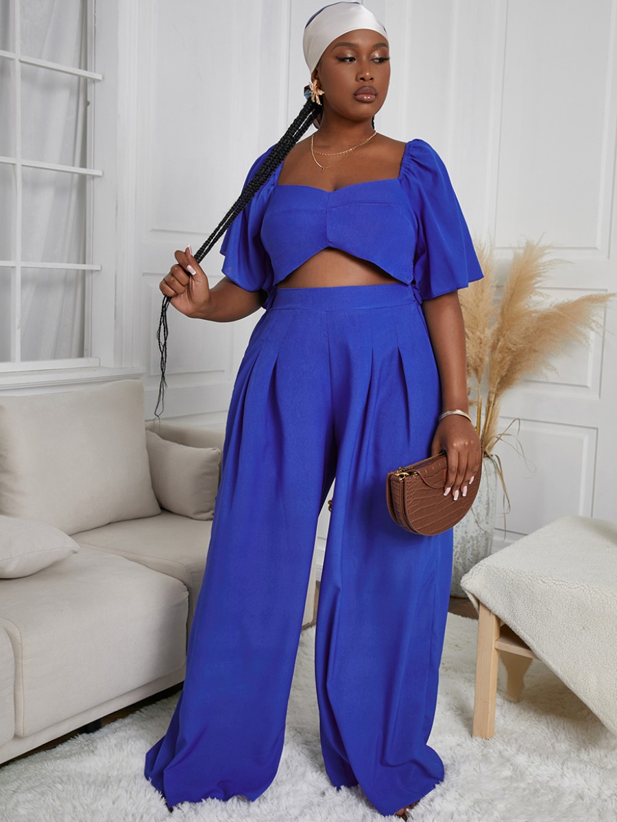 

LW Plus Size Tie Back Ruffle Design Wide Leg Two-piece Pants Set, Royalblue