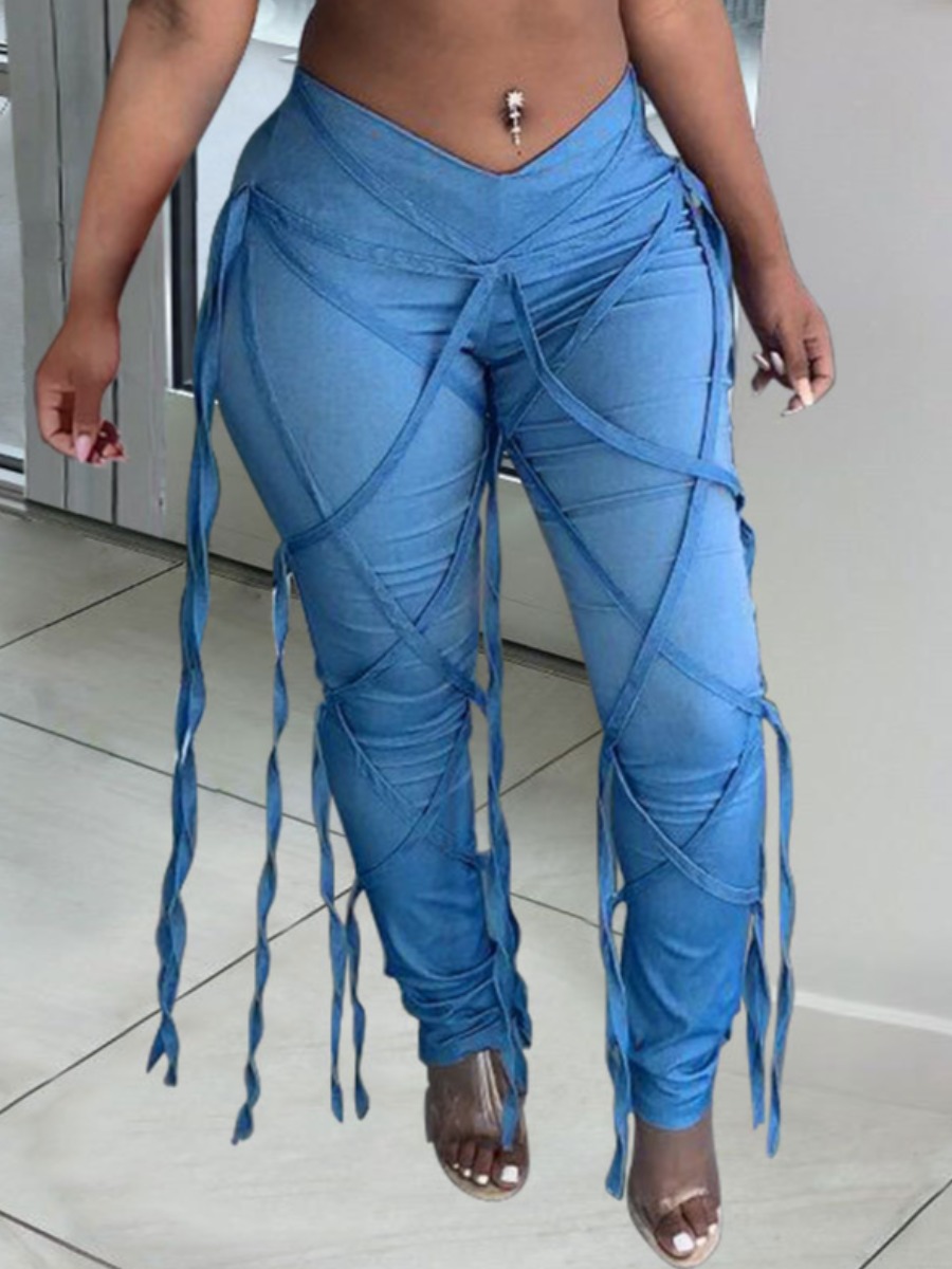 

LW Mid Waist Bandage Design Solid Skinny Jeans, Blue