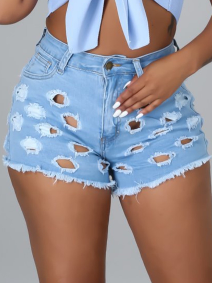 

LW Ripped Raw Edge Denim Shorts, Baby blue