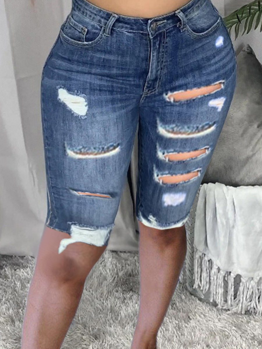 LW Plus Size Street Mid Waist Ripped Deep Blue Denim Shorts