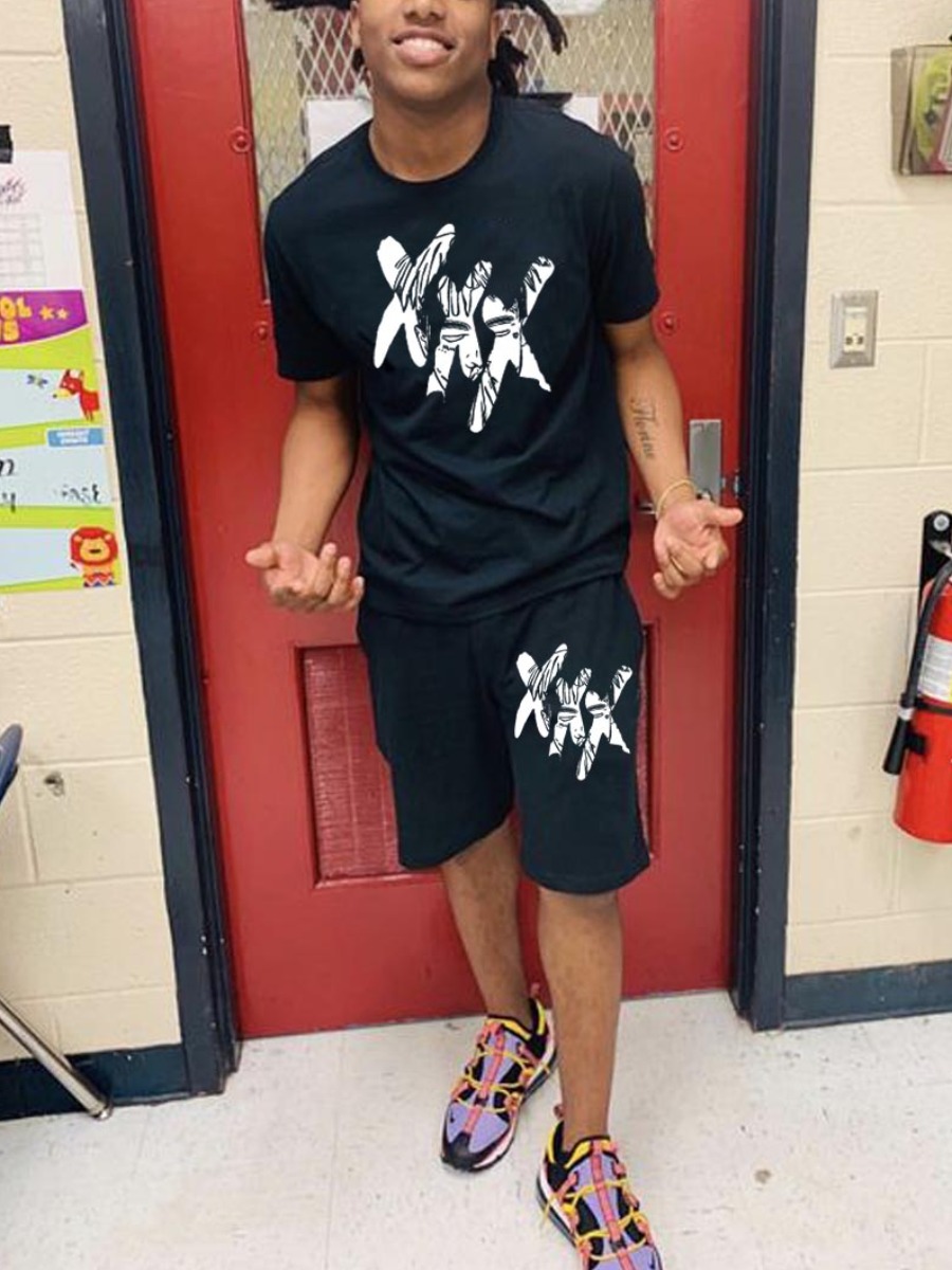 

Lovely Men Round Neck Letter Print Two Piece Shorts Set, Black