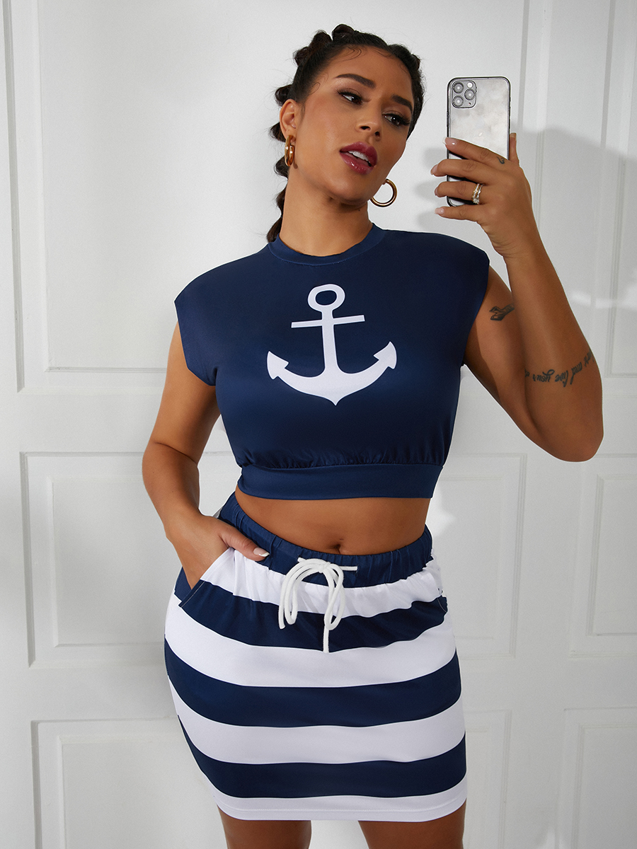 

LW Casual Print Striped Drawstring Dark Blue Two Piece Shorts Set