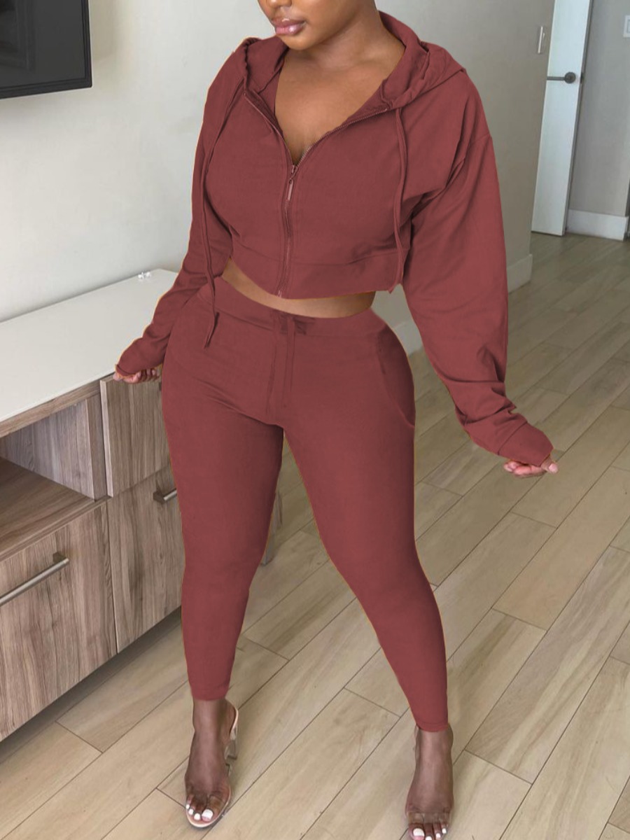 

LW Hooded Collar Drawstring Crop Top Tracksuit Set, Purplish red