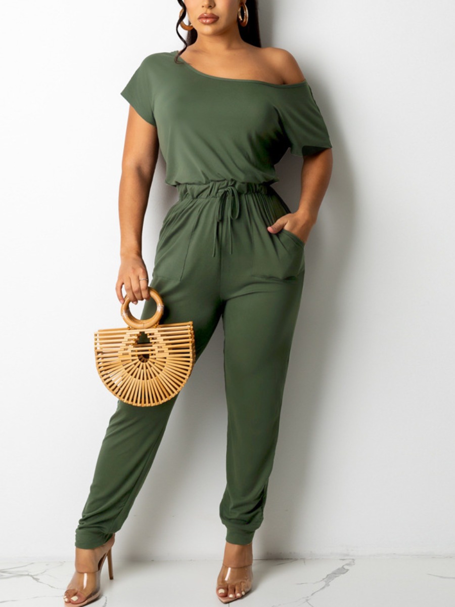 

LW Boat Neck Drawstring One-piece Jumpsuit, Army green