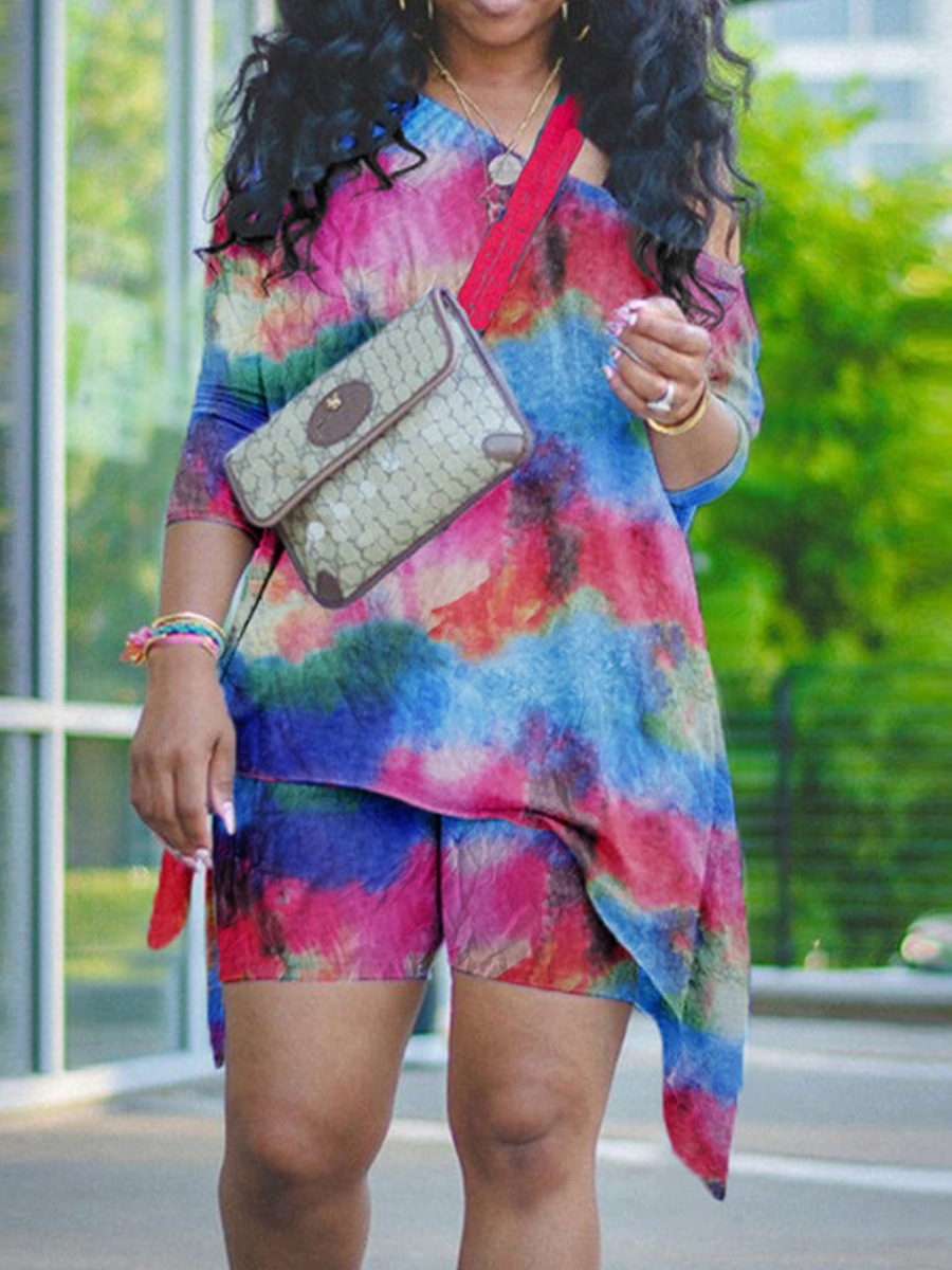 

LW Plus Size Tie-dye Asymmetrical Two-piece Shorts Set, Multi