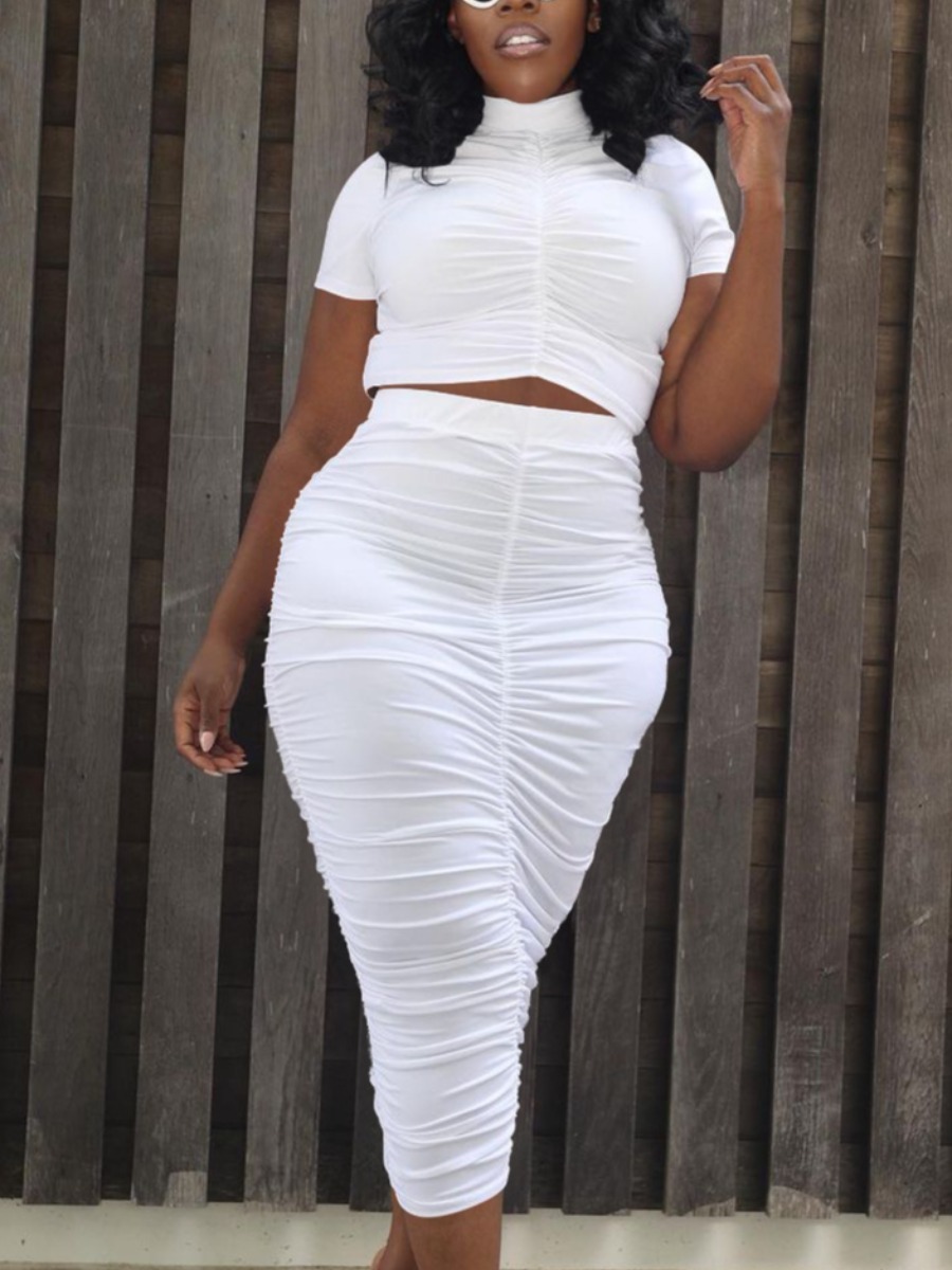 

LW Turtleneck Ruched Two Piece Skirt Set, White