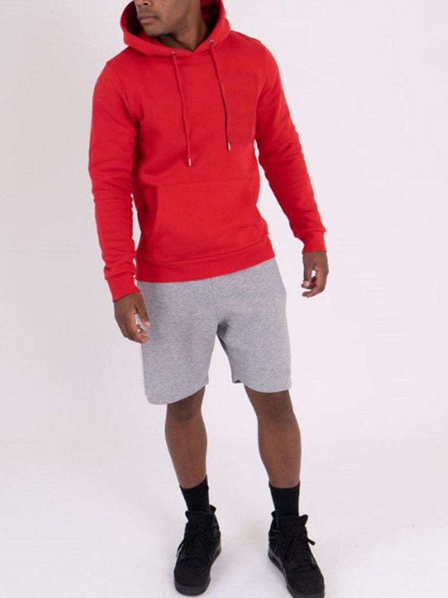 

Lovely Men Kangaroo Pocket Drawstring Two Piece Shorts Set, Red