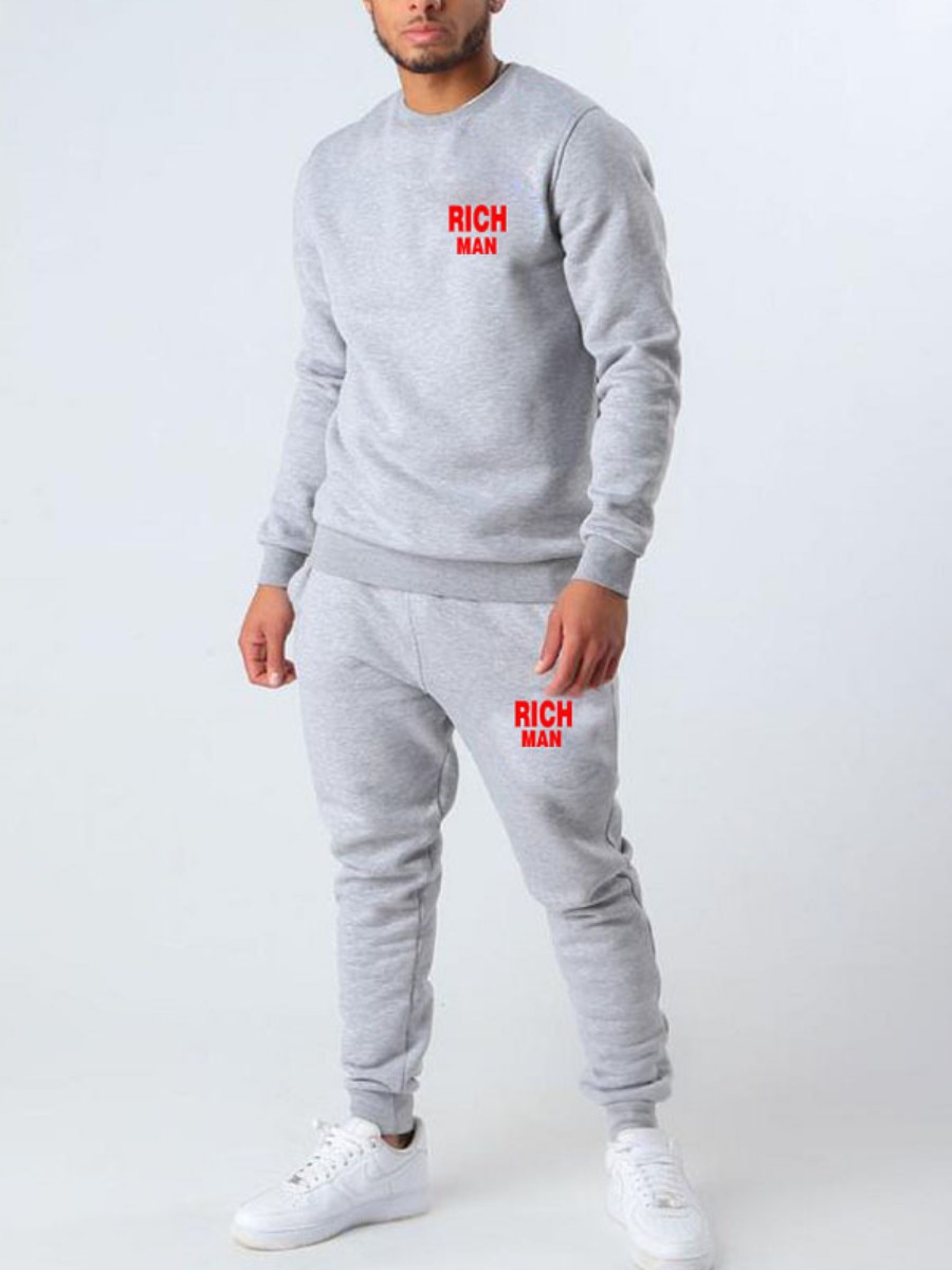 

LW Round Neck Letter Print Two Piece Pants Set, Grey