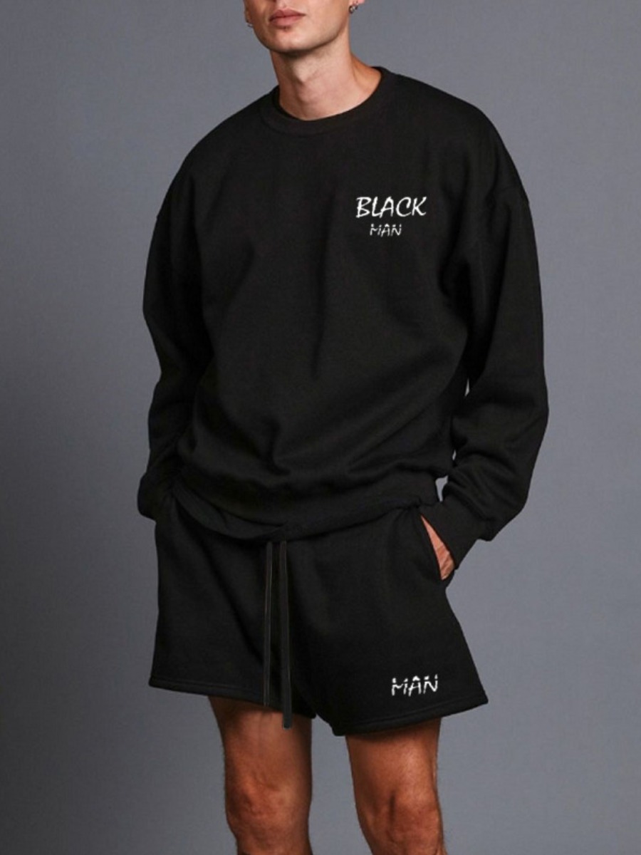 

Lovely Men Letter Print Drawstring Two Piece Shorts Set, Black