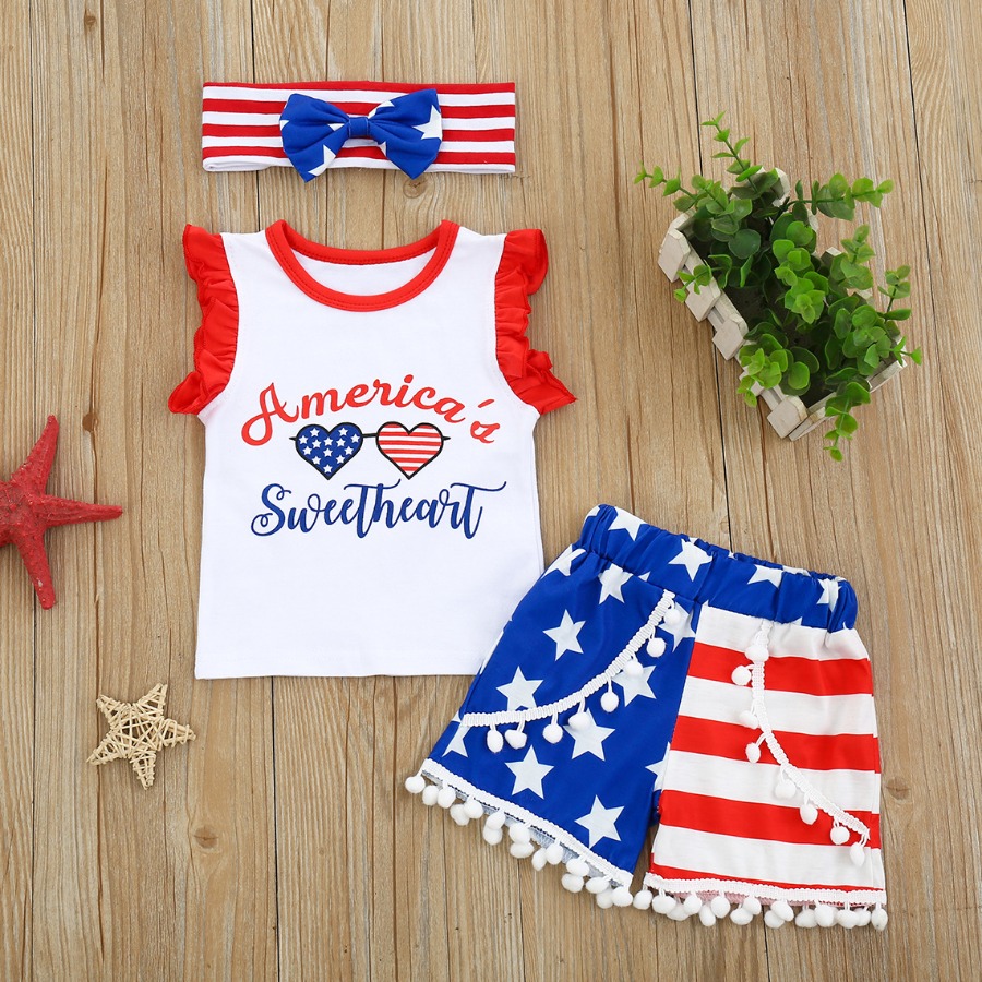 

Lovely Boy American Flag Tassel Design Two Piece Shorts Set (With Headband), White