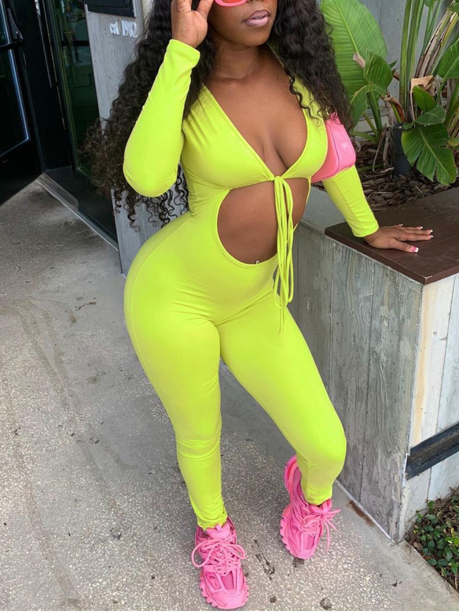 

LW SXY Bandage Hollow-out Design One-piece Jumpsuit, Green