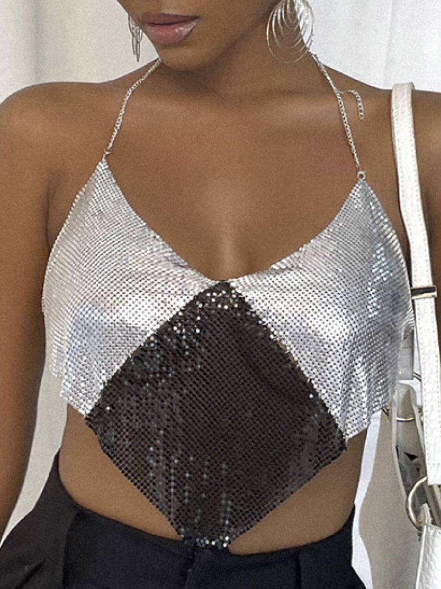 

Lovely Backless Sequined Patchwork Camisole, Silver